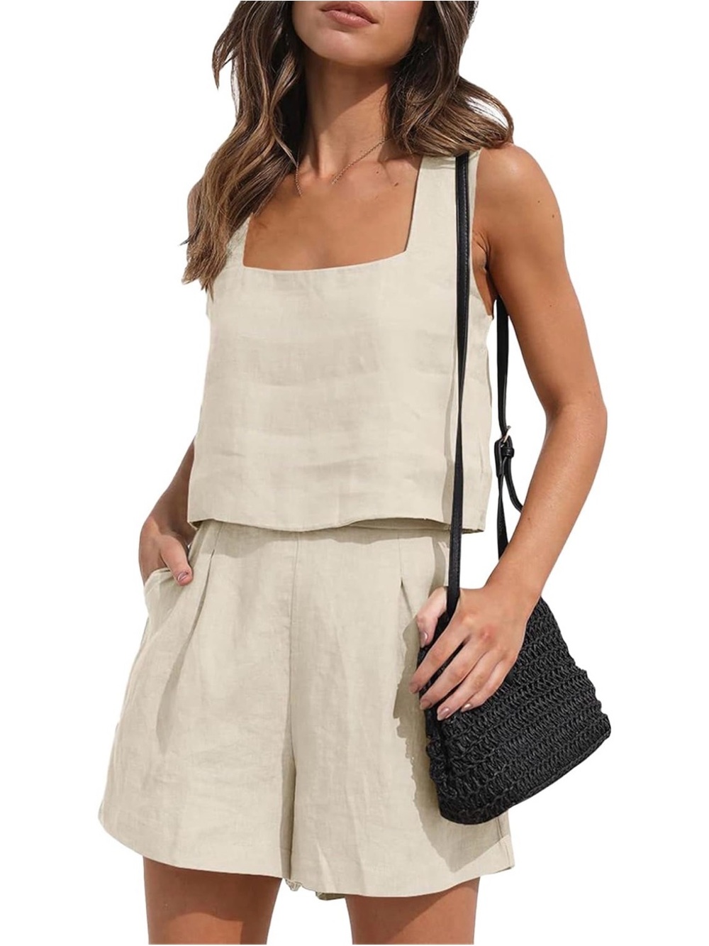 Beige Linen Two-Piece Tank & Shorts Set